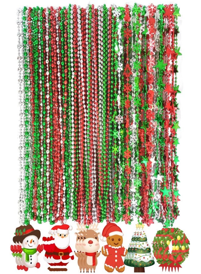 Becfupo 100 Pcs Christmas Beads Necklaces Bulk, Red Green Silver Beaded Necklaces With Xmas Tree Snowman Reindeer Santas Pendants For Chirstmas Party Favors - Image 1